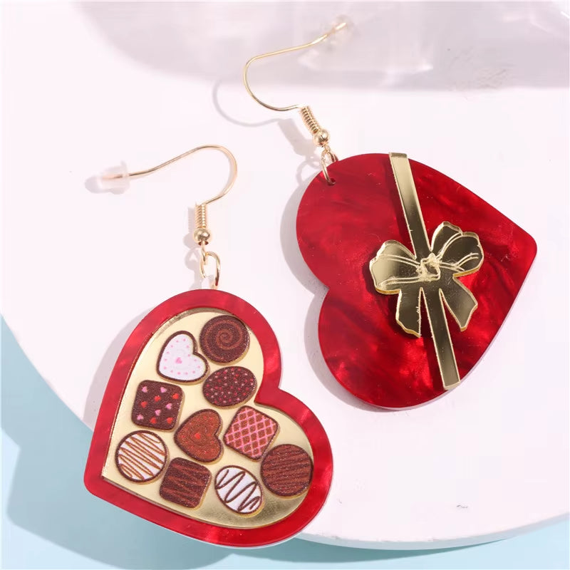 Glitter Acrylic Earrings for Women Red Love Heart Gift Box Chocolate Present Bow Knot Ear Ring Jewelry Valentine'S Day Pendant