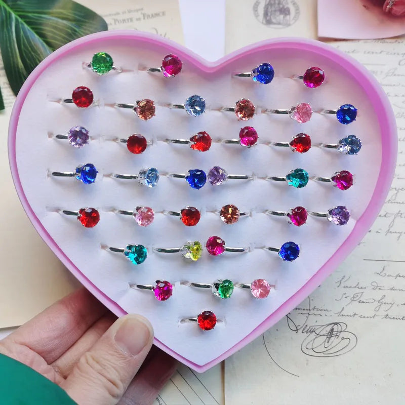 12/36Pcs/Set Adjustable Kids Crystal Rings Jewelry Heart Star Square Open Finger Ring for Children Girl Party Gift