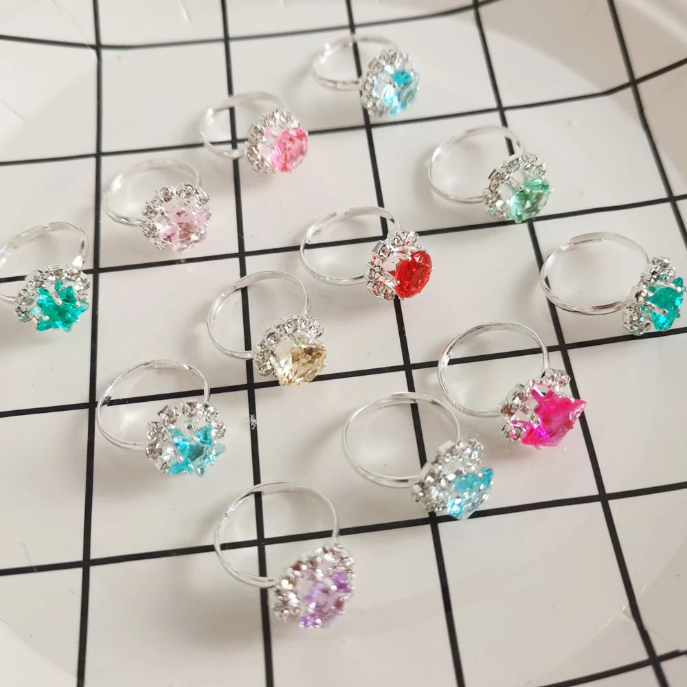 12/36Pcs/Set Adjustable Kids Crystal Rings Jewelry Heart Star Square Open Finger Ring for Children Girl Party Gift
