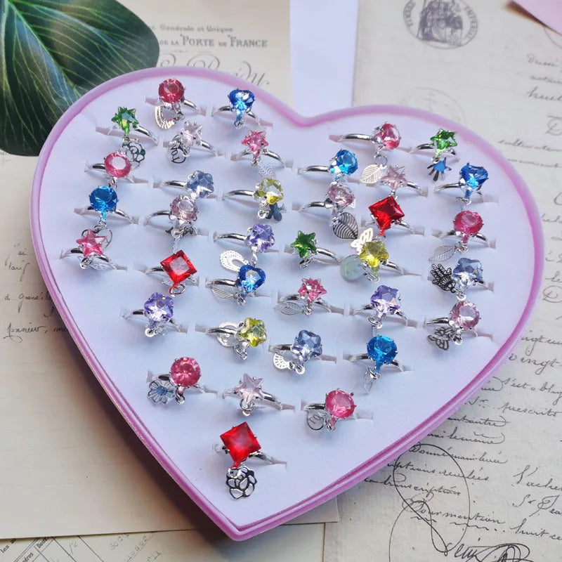 12/36Pcs/Set Adjustable Kids Crystal Rings Jewelry Heart Star Square Open Finger Ring for Children Girl Party Gift