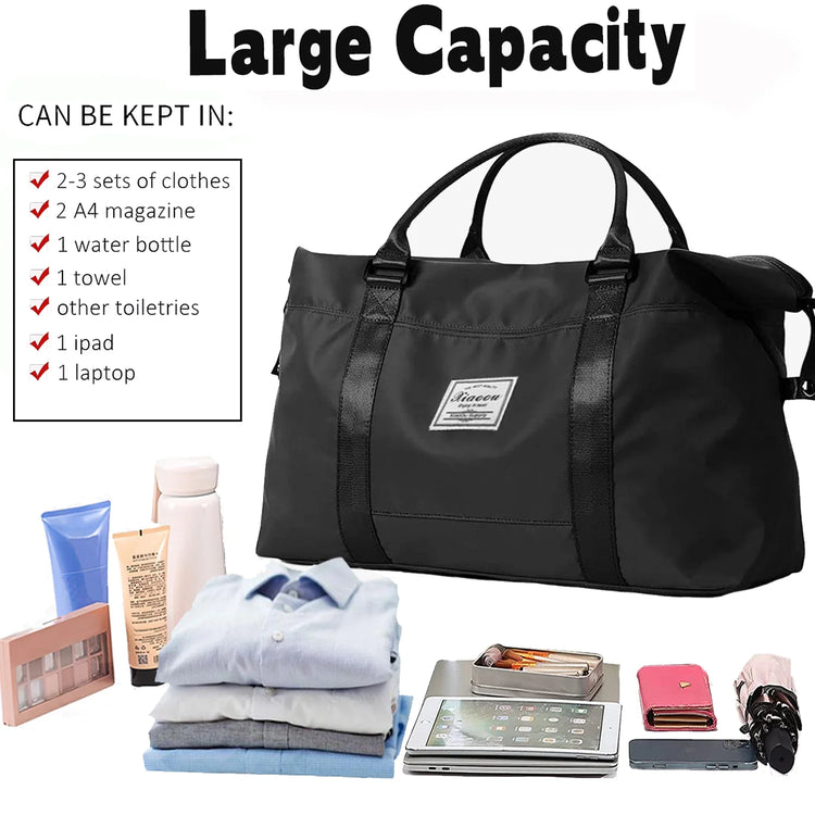 37L Waterproof Duffle Bag for Women, Tear-Resistant Gym Travel Bag with Adjustable Shoulder Strap & Trolley Sleeve, Airline Approved Carry-On Weekender Bag with Wet/Dry Pocket, Black