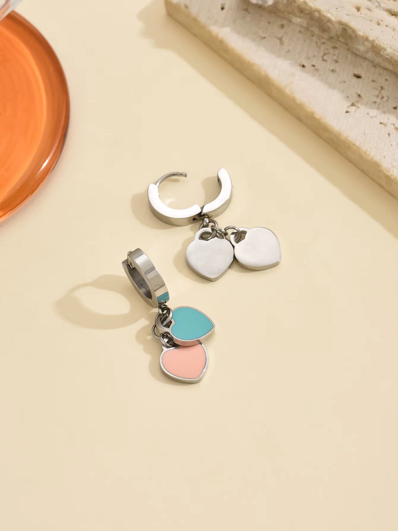 Love Earrings Female Pink Blue Enamel Double Love Pendant Earrings