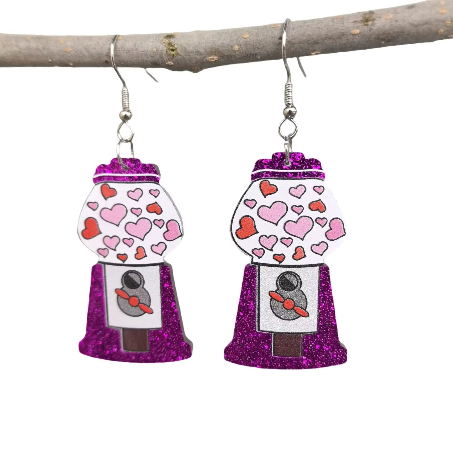 Glitter Acrylic Earrings for Women Red Love Heart Gift Box Chocolate Present Bow Knot Ear Ring Jewelry Valentine'S Day Pendant