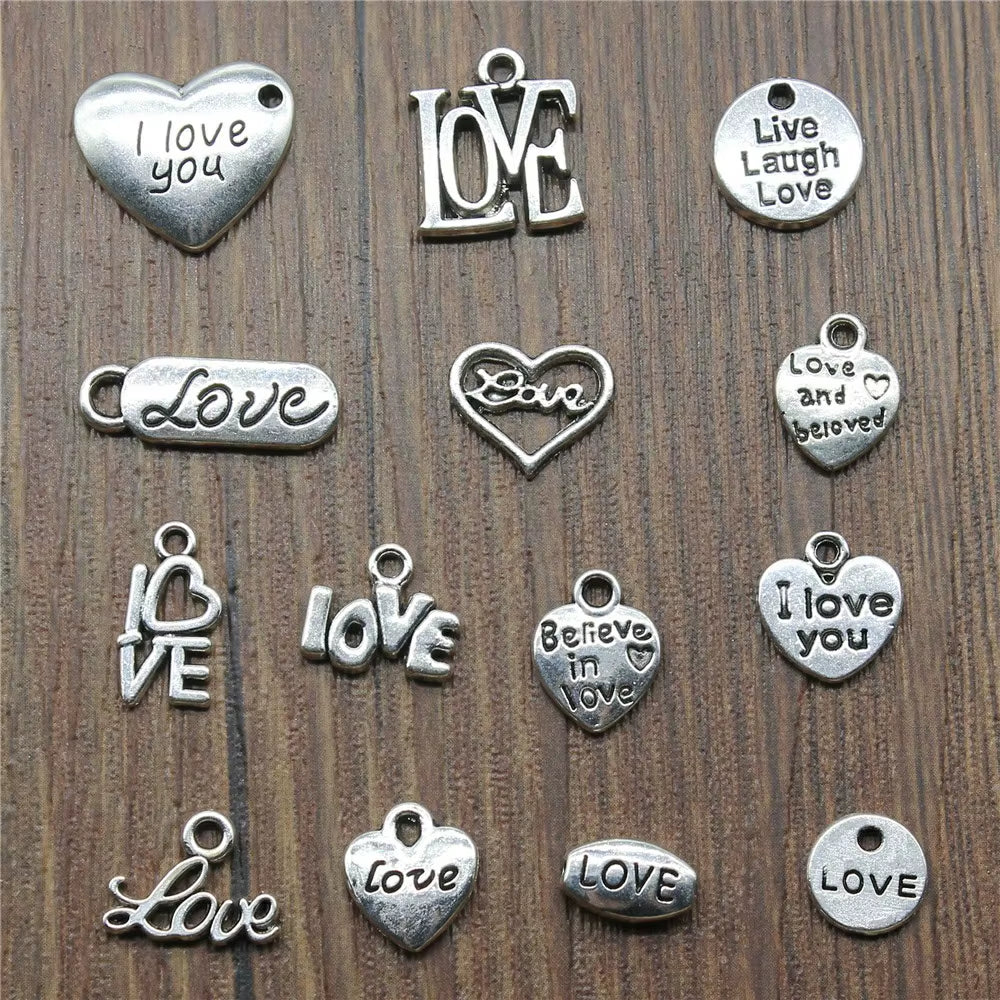 40Pcs Charms Love Antique Silver Color Love Heart Charms Jewelry Findings DIY Word Love Charms Wholesale