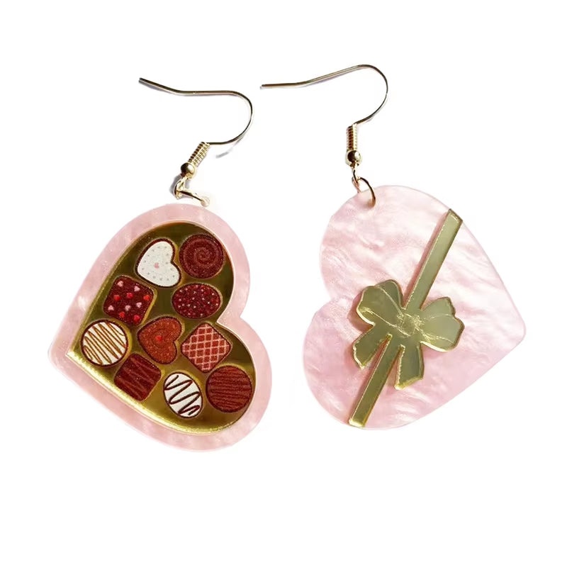 Glitter Acrylic Earrings for Women Red Love Heart Gift Box Chocolate Present Bow Knot Ear Ring Jewelry Valentine'S Day Pendant