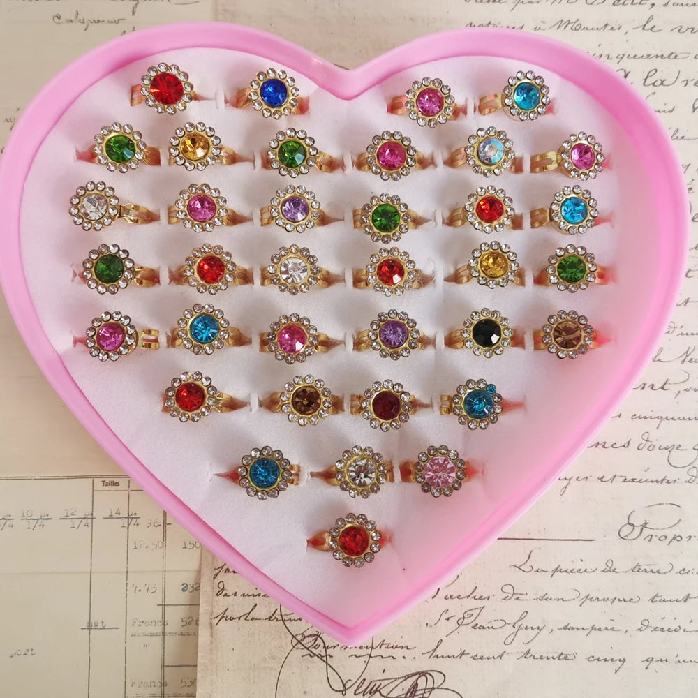 12/36Pcs/Set Adjustable Kids Crystal Rings Jewelry Heart Star Square Open Finger Ring for Children Girl Party Gift