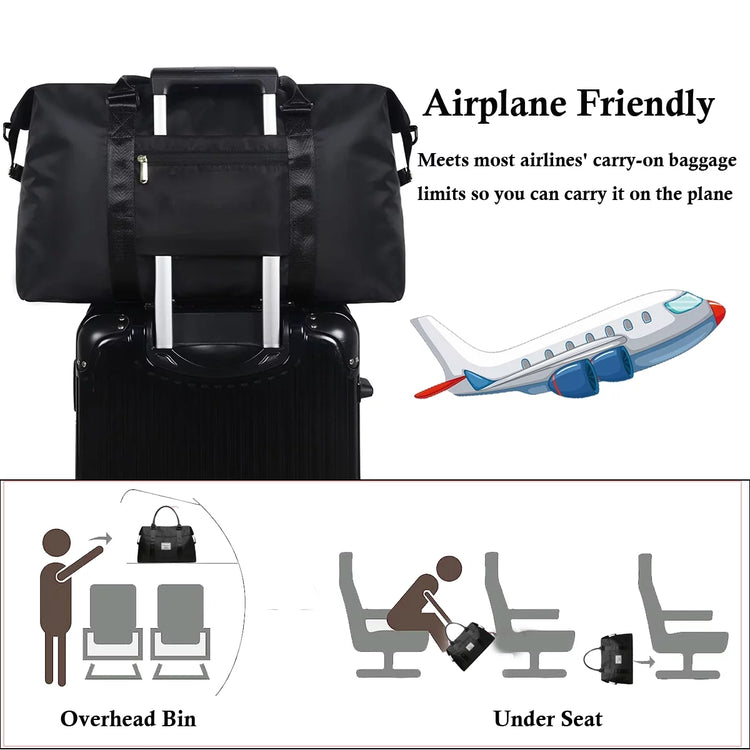 37L Waterproof Duffle Bag for Women, Tear-Resistant Gym Travel Bag with Adjustable Shoulder Strap & Trolley Sleeve, Airline Approved Carry-On Weekender Bag with Wet/Dry Pocket, Black