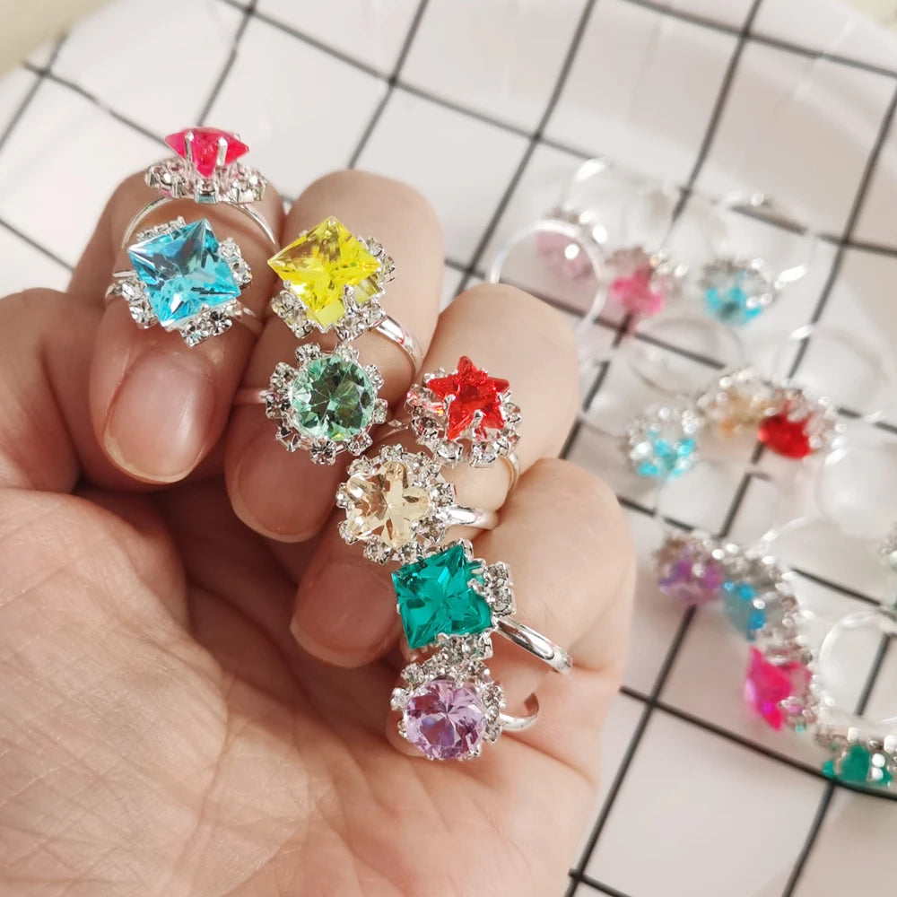 12/36Pcs/Set Adjustable Kids Crystal Rings Jewelry Heart Star Square Open Finger Ring for Children Girl Party Gift