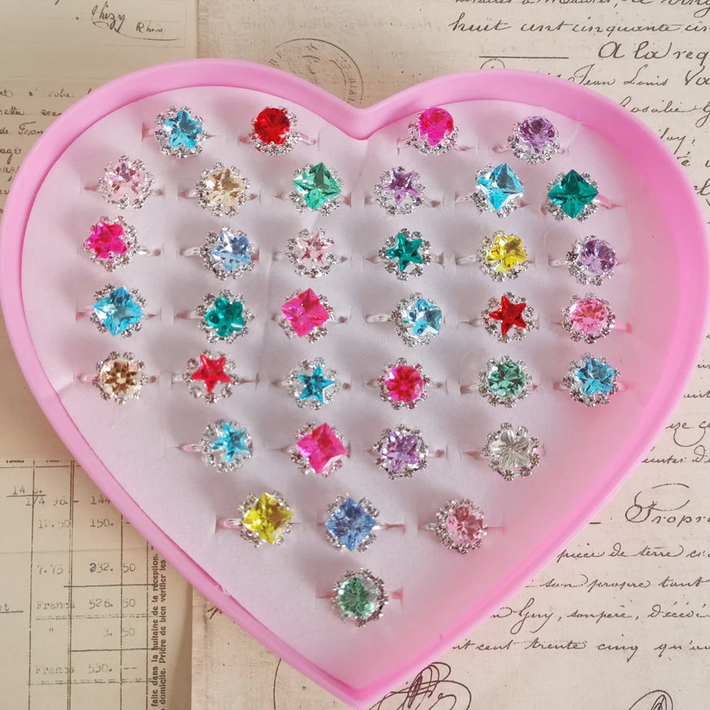 12/36Pcs/Set Adjustable Kids Crystal Rings Jewelry Heart Star Square Open Finger Ring for Children Girl Party Gift