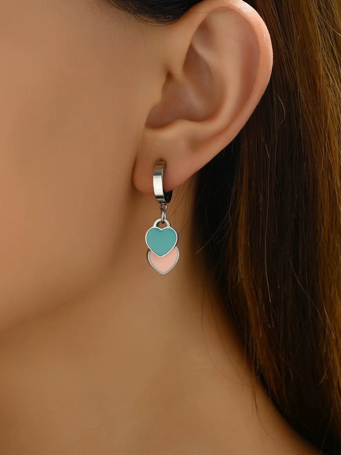 Love Earrings Female Pink Blue Enamel Double Love Pendant Earrings