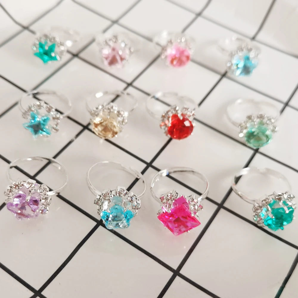 12/36Pcs/Set Adjustable Kids Crystal Rings Jewelry Heart Star Square Open Finger Ring for Children Girl Party Gift