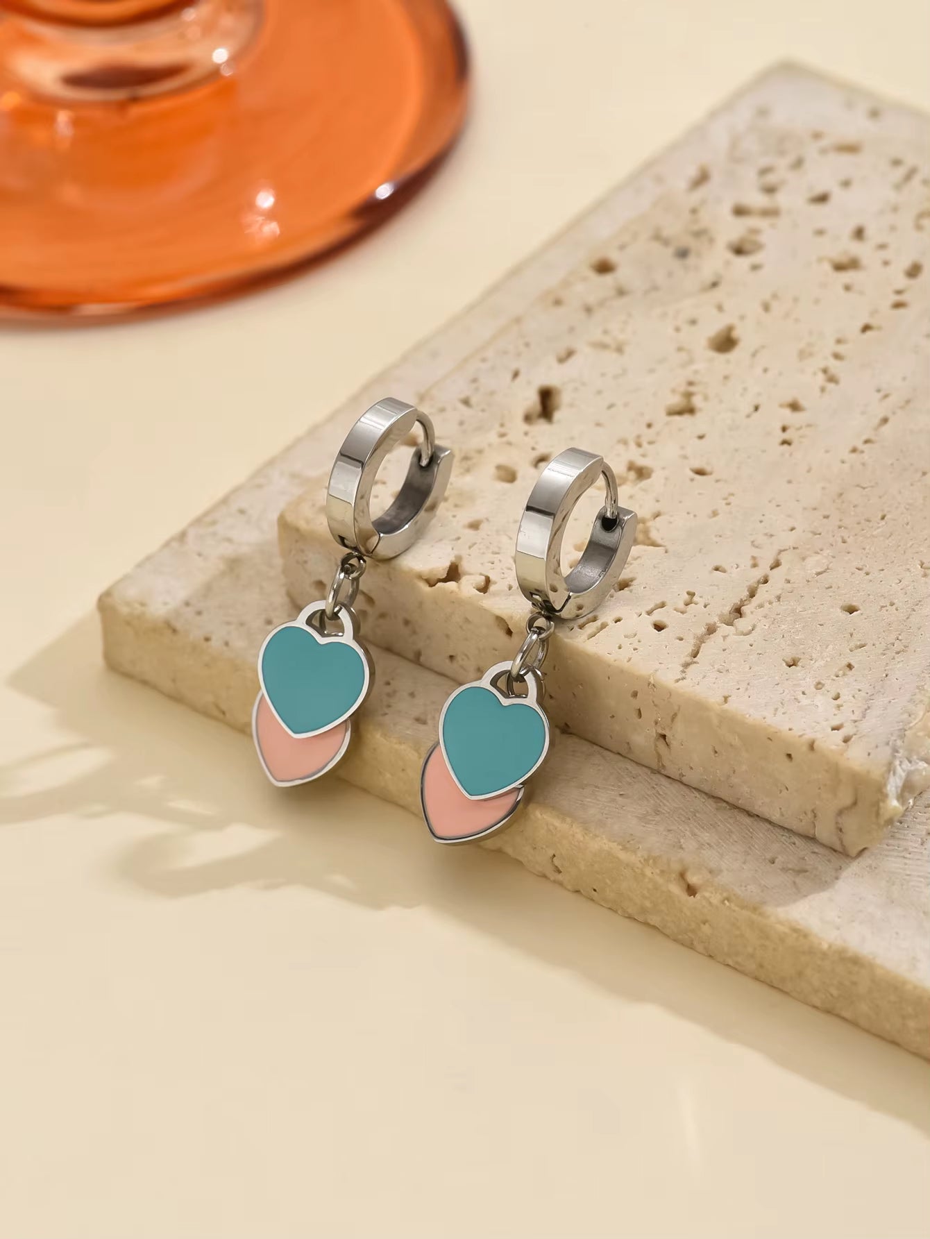 Love Earrings Female Pink Blue Enamel Double Love Pendant Earrings
