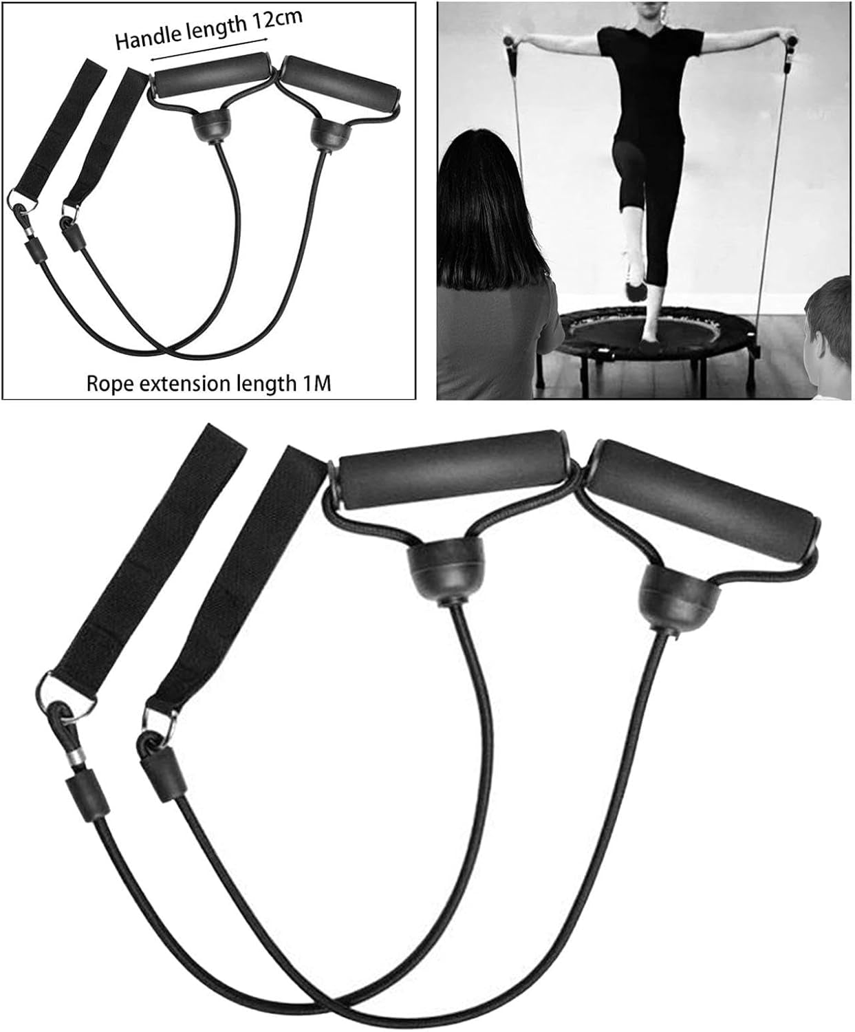 2X Trampoline Resistance Bands,Exercise Bands with Handles Tension Rope Comfortable Arm Bands, Bungee Cord for Indoor Outdoor, 100CM, Black