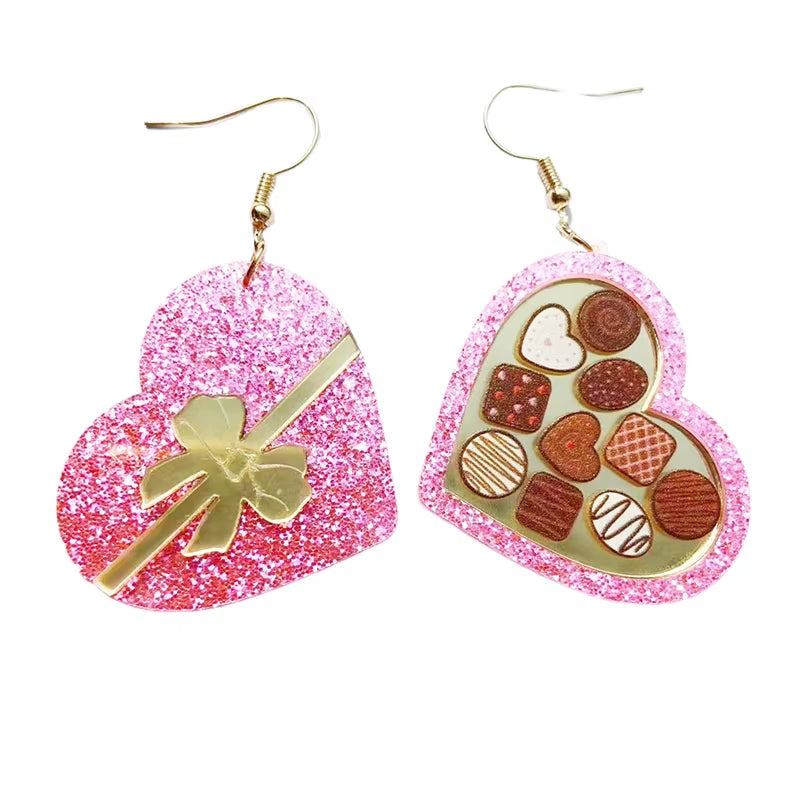 Glitter Acrylic Earrings for Women Red Love Heart Gift Box Chocolate Present Bow Knot Ear Ring Jewelry Valentine'S Day Pendant