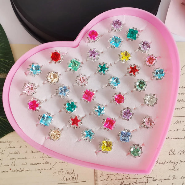 12/36Pcs/Set Adjustable Kids Crystal Rings Jewelry Heart Star Square Open Finger Ring for Children Girl Party Gift