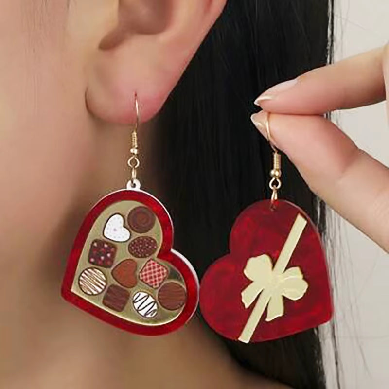Glitter Acrylic Earrings for Women Red Love Heart Gift Box Chocolate Present Bow Knot Ear Ring Jewelry Valentine'S Day Pendant